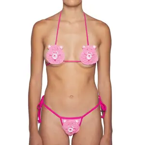 2024新款沙滩装泳衣粉色卡通设计熊钩针微型性感比基尼泳装女性可爱礼物