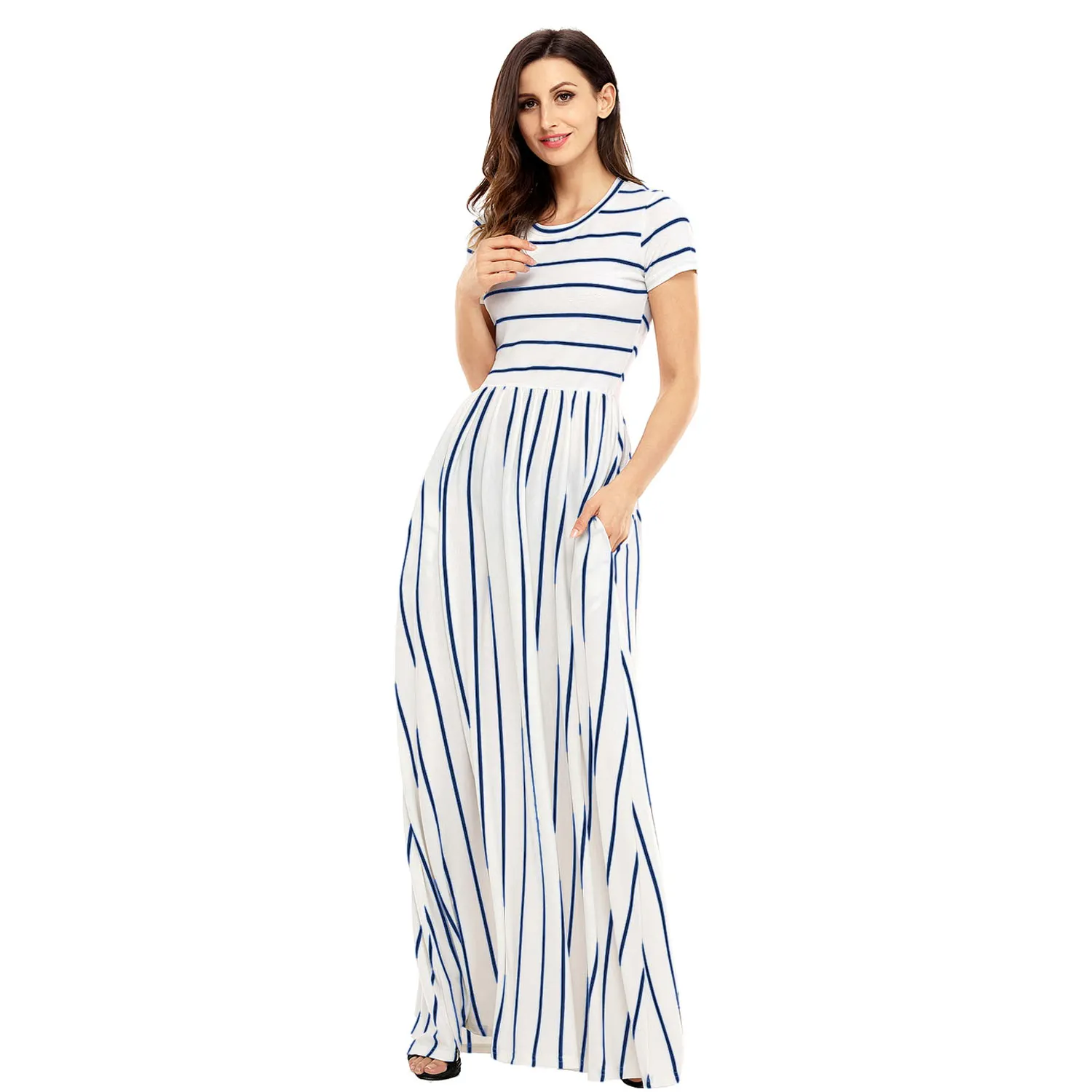 Casual Striped Short Sleeve Maxi Long Dress Women