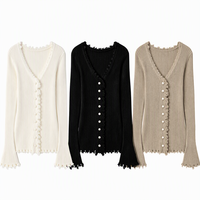 Cardigan en tricot côtelé en polyester personnalisé ODM, col en V, boutonnage simple, manches longues, pour femme, automne