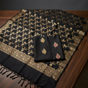 Ensemble trois pièces en soie Katan de qualité supérieure, non cousu, avec détails tissés Zari Meena, idéal pour les occasions traditionnelles, les fêtes et les mariages. - Product Image 5