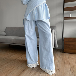 Women's Patchwork Lace Striped Collar Long-Sleeve Shirt & Casual Wide-Leg <b>Pants</b> Set Fashion - Product Image 6