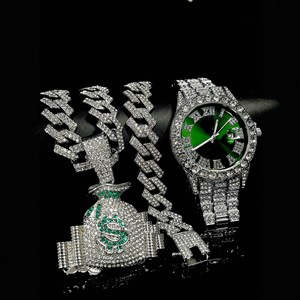 Wholesale Hip Hop Alloy and Bling Dollar Pendant Iced Out Cuban Chain Bracelet Necklace Watch Set 40mm Quartz Glass 20mm Band