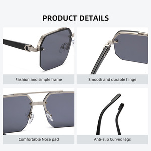 Sunglasses Men Square <b>Frame</b> Metal UV400 PC Lens Half Rim <b>Black</b> <b>Frame</b> - Product Image 4