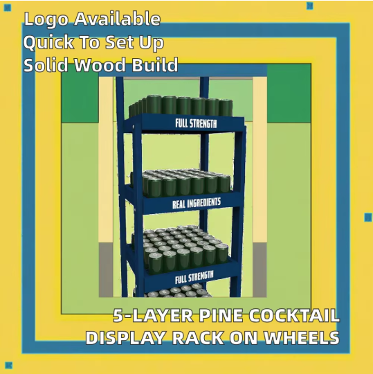Apache Modern Pine Wood Floor Stand Cocktail Display Stand with Metal Shelves Wheels for Canned Food Easy Assembly Packed Carton — view 6
