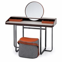 Coiffeuse en MDF de qualité E1 avec miroir rond à éclairage LED, station de beauté, bord surélevé et étagère ouverte, mobilier de chambre à coucher