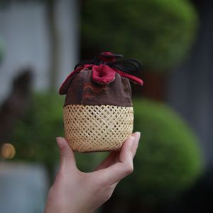 Chinese Style <b>Bamboo</b> Woven Cup Basket Dark Red Cloth Cover Round 10cm Diameter Travel Portable Storage <b>Container</b> - Product Image 2