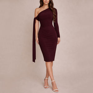 Abiti <span class=keywords><strong>Midi</strong></span> Eleganti da Donna con Spalla Scoperta in <span class=keywords><strong>Jersey</strong></span> per Fitness, Personalizzabili OEM all'Ingrosso - Product Image 1