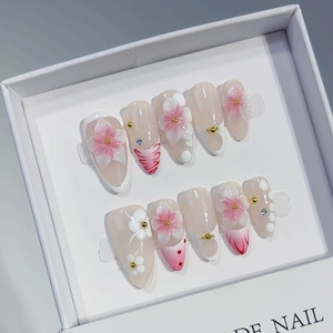 TSZS 10 Uds. <span class=keywords><strong>Uñas</strong></span> Postizas Acrílicas Reutilizables con Diseño 3D <span class=keywords><strong>de</strong></span> Concha Azul Oceánica y Flor, Hechas a Mano, Forma Almendrada, para Venta al por Mayor - Product Image 3