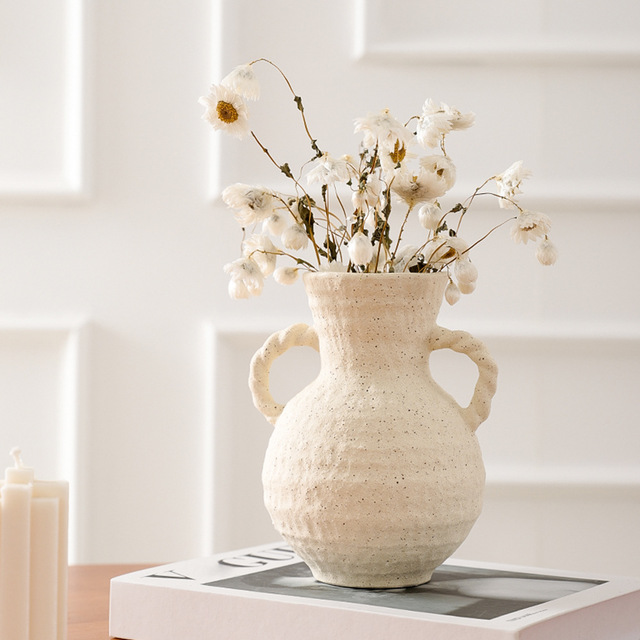 Handcrafted Flower Vase Terracotta Vase Vintage White Ceramic Vase Rustic Antique Decor with 2 Handles, Wide Mouth Matte Finish