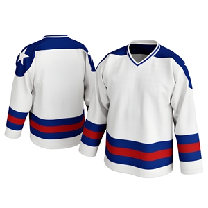 Custom Men's <b>Ice</b> Hockey Jersey White Blue Red Striped V-Neck Full Sleeve 100% Polyester Moisture Wicking - Product Image 1