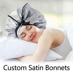 Gorro de Dormir de Seda Satinada con Logotipo Personalizado para Mujer, Gorro Reversible con Banda para Atar el Cabello Rizado - Product Image 4