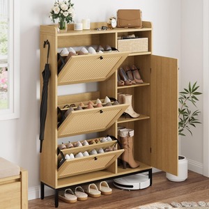 <span class=keywords><strong>Meuble</strong></span> à chaussures autoportant étroit <span class=keywords><strong>en</strong></span> <span class=keywords><strong>bois</strong></span> et rotin de style farmhouse avec 3 tiroirs à battants <span class=keywords><strong>pour</strong></span> entrée et couloir - Product Image 1
