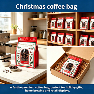 Sachet Doypack Personnalisé pour Café de Noël, Rouge avec Motif Aiguilles de Noël, Fermeture Éclair, Qualité Alimentaire, BOPP Stratifié, Impression Numérique - Product Image 4