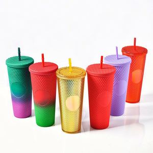 Gobelets personnalisés 24oz en plastique mat à double paroi, colorés, réutilisables, à effet diamant, avec couvercles et pailles - Product Image 2