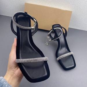 Sandalias Zapatos Mujer Saltos Rhinestone Negras con Correa en el Tobillo y Tacón Cuadrado para Damas - Product Image 1