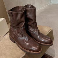 Femmes automne et hiver bout rond bottes de mollet souple en cuir talon épais rétro Western Denim bottes courtes