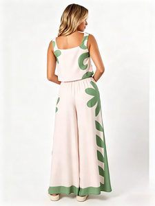 <span class=keywords><strong>Ensemble</strong></span> deux pièces d'été pour femme de style européen et américain : haut court sans manches imprimé et pantalon large taille haute – Tenue décontractée - Product Image 2