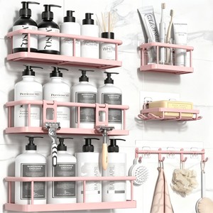 <b>Pink</b> Bathroom Storage Rack Set 6 Piece Wall Mounted Multi Purpose Dustproof No <b>Drilling</b> Easy Cleaning Rectangle Shape - Product Image 1