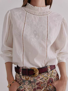 Blusa Blanca de Estilo Francés, Tejida, con Cuello Alto, Bordada, Elegante, Corte Regular, Primavera, ODM, Versátil, para Mujer - Product Image 2