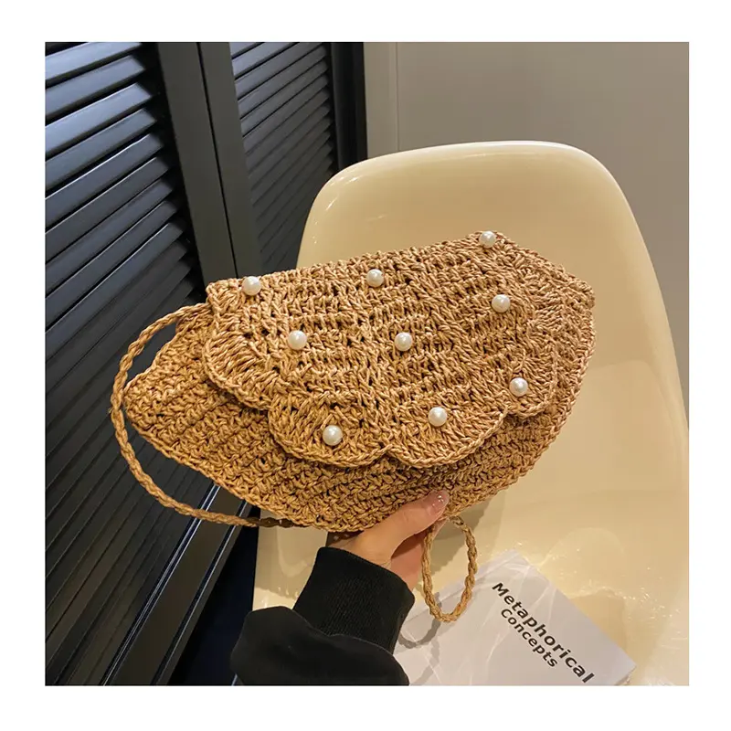 Bolsa de palha em forma de concha, nova bolsa de palha trançada com pérolas feita à mão estilo crochê para férias