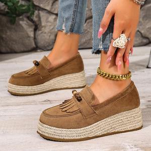 Mules compensées à plateforme à enfiler pour femme, grande taille, à semelle épaisse en corde de chanvre, basses, collection automne - Product Image 1