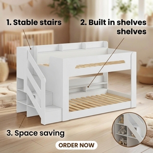 Litera infantil con <span class=keywords><strong>escalera</strong></span> <span class=keywords><strong>de</strong></span> almacenamiento, estantes abiertos integrados y somier <span class=keywords><strong>de</strong></span> madera, litera para dormitorio infantil con librero en blanco - Product Image 2