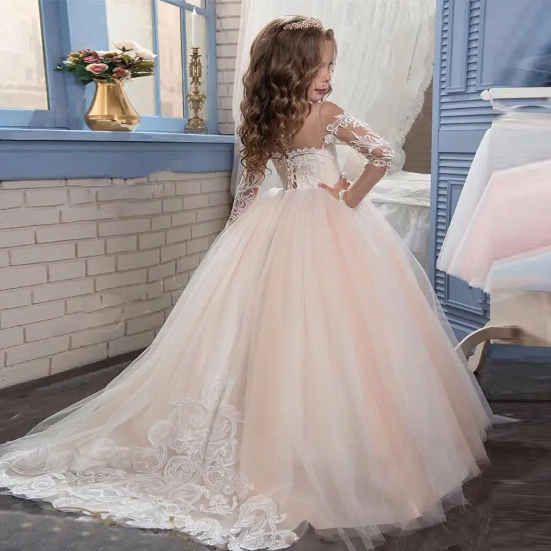 Gaun panjang anak perempuan, gaun pesta pernikahan Putri permata leher Tutu panjang kontes ulang tahun