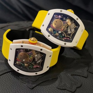 Reloj de pulsera para mujer con diseño de cara sonriente, estilo dulce y moderno, esqueletizado, mecánico, caja blanca con correa amarilla, a la moda - Product Image 1