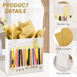 Medium Birthday Gift Bag 10 Inch Foil Print <b>Colorful</b> Candle Design Party Present Package With <b>Tissue</b> <b>Paper</b> - Product Image 6