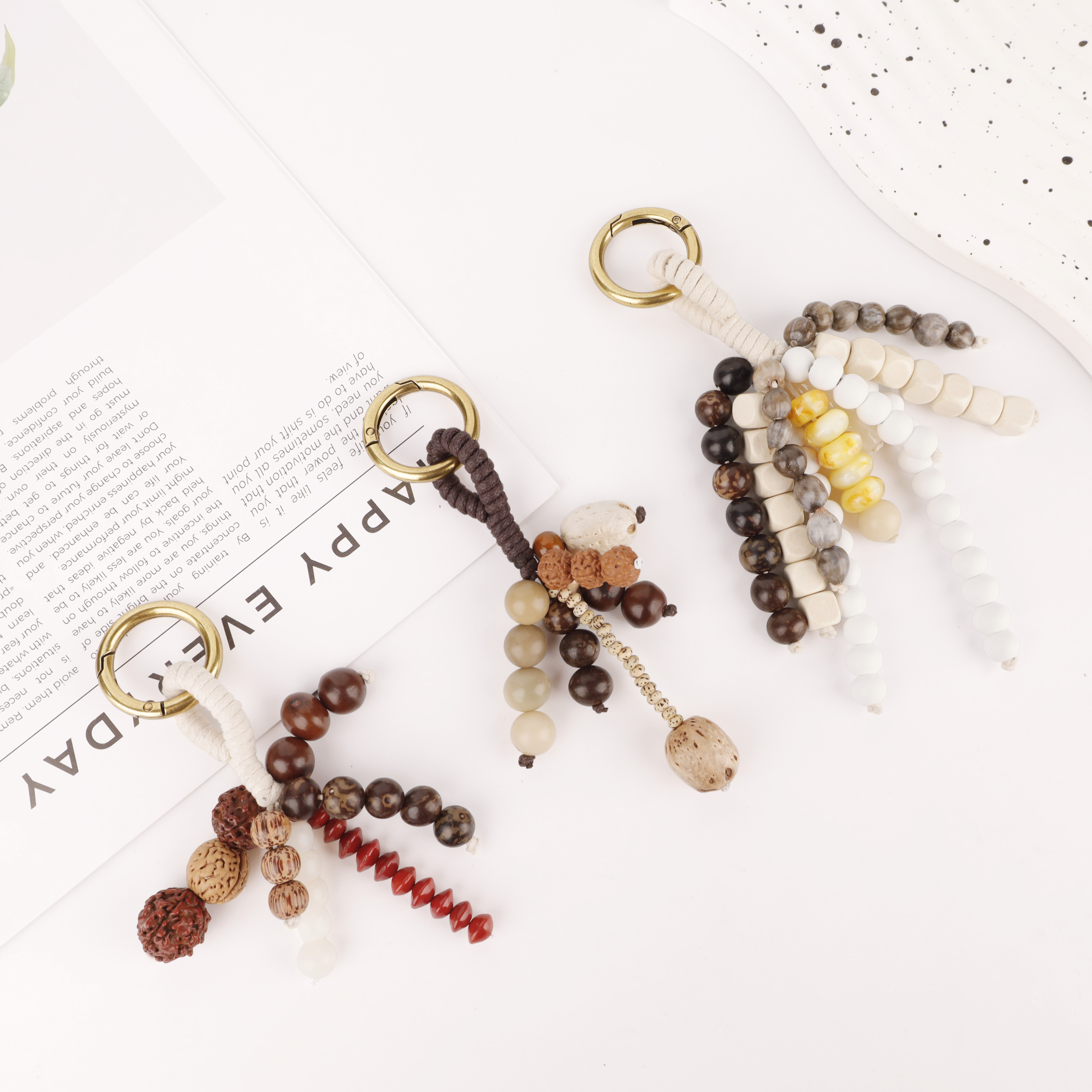 Healing Bag Charm Wooden Bead Pendant Zen Style Natural Nut Seed Shell Hand Braided Rope Bohemian Decor for Purse Backpack Gift