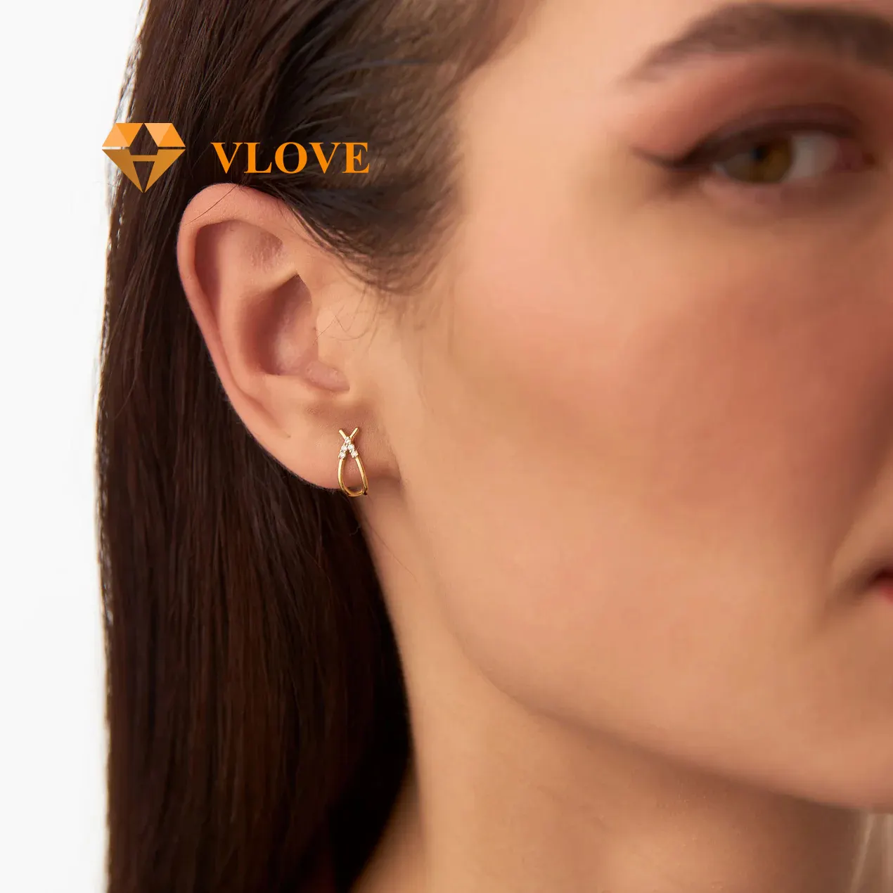 VLOVE, joyería de lujo para mujer, joyería de oro sólido, pendientes de medio aro entrecruzados de 14K con diamantes