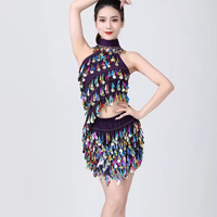 Robe de danse latine pour femmes, avec paillettes et franges, dos nu, débardeur à bretelles avec jupe et collier, ensemble 3 pièces, Costume de danse Rumba Samba