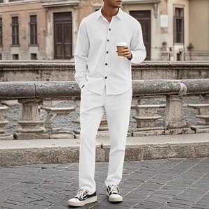 Setelan baju dan celana panjang pria, kemeja lengan panjang Solid kasual musim semi musim gugur - Product Image 4