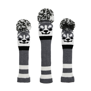 Juego de fundas de punto para palos de golf, cubiertas para palos de golf con diseño de animal Husky gris, logotipo personalizado, patrón a cuadros con pompón, en stock - Product Image 1