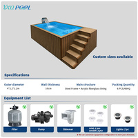 Piscine hors sol préfabriquée en fibre de verre avec système de filtration complet, structure en acier, panneaux en bois, escalier, cascade