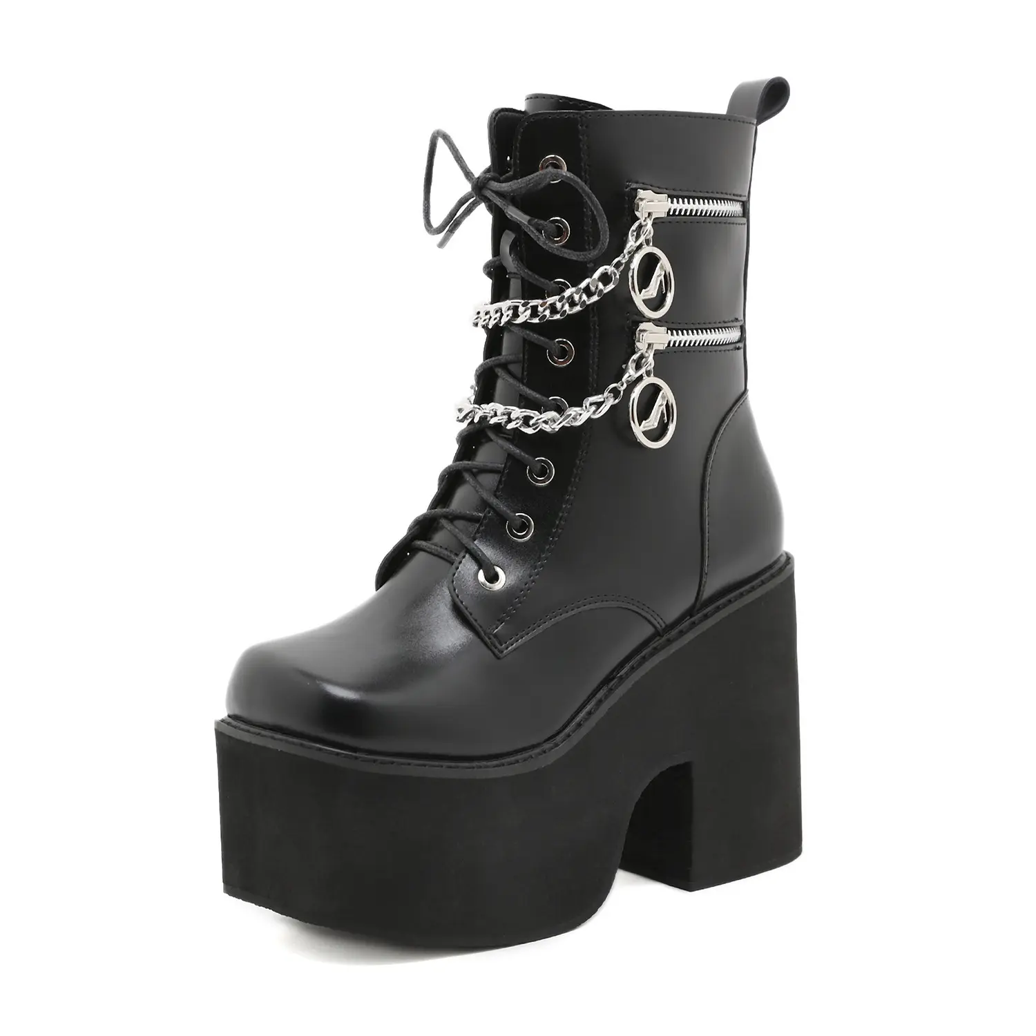 Thick Bottom Women Gothic Boots Size 35-43 Black Leather 11.5cm Chunky Heel Women Platform Boots