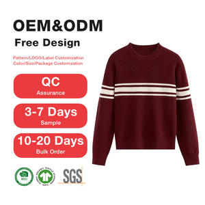 <span class=keywords><strong>Pull</strong></span> en laine 100% pour <span class=keywords><strong>femme</strong></span>, col rond, tricot épais, style minimaliste coréen, à rayures rouges, color block, décontracté, OEM - Product Image 1