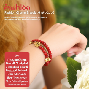 สร้อยข้อมือแฟชั่นชุบทอง 316L สแตนเลสสตีล ทนทาน ประดับลูกปัดสีแดง ดีไซน์ลายดอกไม้ - Product Image 3