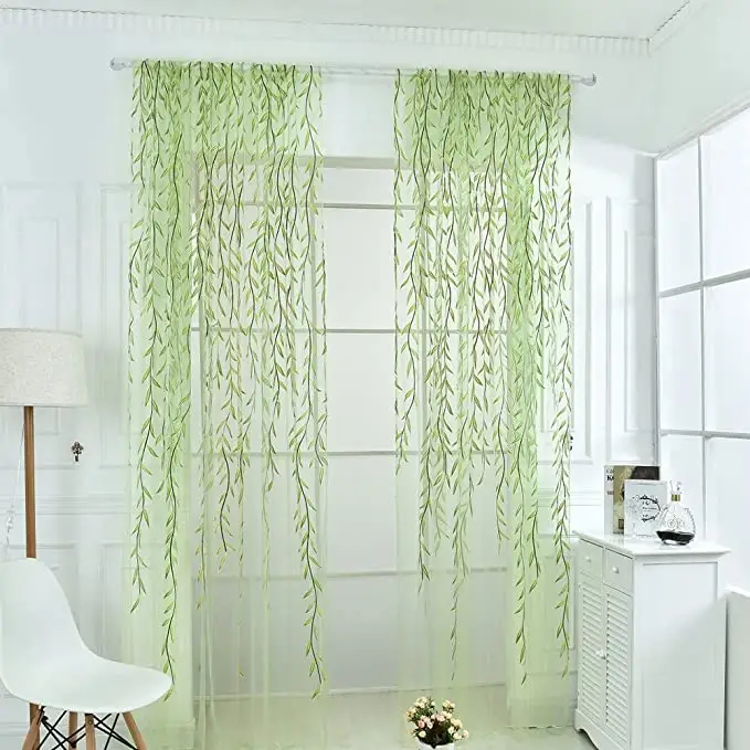Window Voile Tulle Salix Leaf Sheer Gauze Panel Drapes Green Color embroidery curtains for the living room
