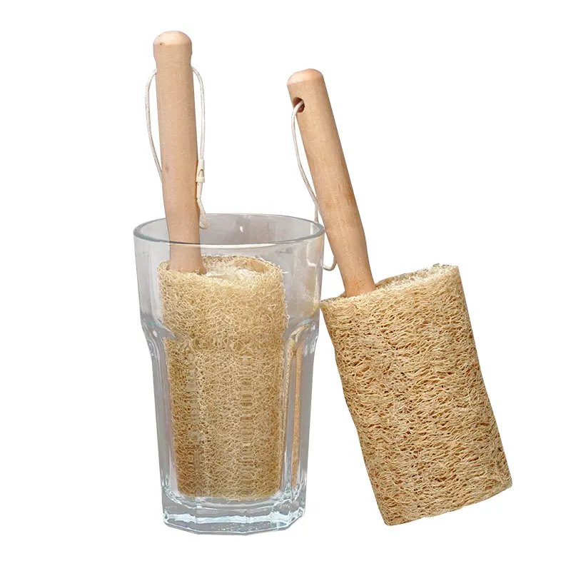 Loofah duro con cepillo de limpieza de mango corto de madera para olla, plato, taza, baño de lufa, exfoliante, limpieza de cocina y lavado de ollas