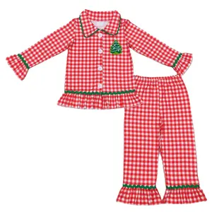 Nuovo vestito per ragazze con stelle ricamate albero di natale rosso e bianco in pizzo a quadri pantaloni a maniche lunghe vestito pigiama per bambini