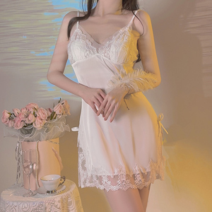 Wholesale Women's Underwear Satin Lace Splice Add Bra Pad Sexy Backless Slit Slip Nightdress Robe Sexy Pajamas Sleepwear