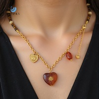 Collar SUMMLY de Acero Inoxidable Chapado en Oro de 18K, Resistente al Agua, Sin Deslustre, con Cuentas de Ámbar, Corazón, Sol y Ojo de Tigre, Estilo Boho para Mujer