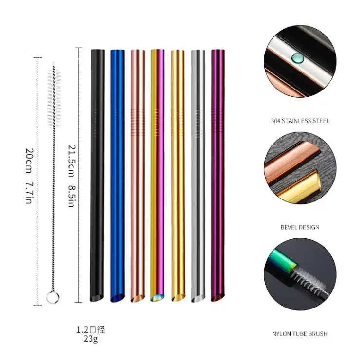 Personalizado Aço Inoxidável Ângulo Dica 12mm Bolha Chá Palhas Chanfrado Tubo Boba Smoothie Metal Straw