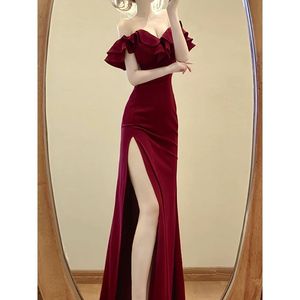 off the Shoulder Tea-Length <b>Spaghetti</b> <b>Strap</b> High Slit Natural Waist Cashmere Vintage Evening Gown Solid Color - Product Image 4