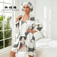 Robe kimono en satin à imprimé léopard blanc P674 avec camisole et short à volants, ensemble 4 pièces avec bonnet de nuit, vêtements de nuit pour femmes