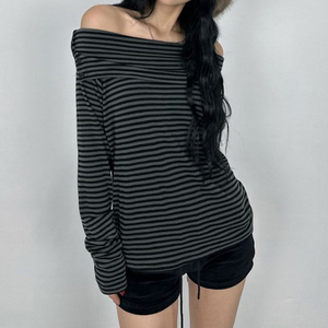 เสื้อยืดแฟชั่นลำลองแขนยาวสองชั้นแบบเปิดไหล่ ลายทางเก๋ไก๋สำหรับสาวฮอต ช่วยเสริมลุคเพรียวบาง - Product Image 2