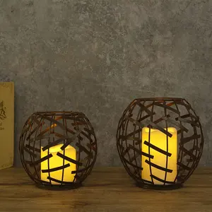 Home Decorative Brown Battery Operated Table Strip Pattern Metal Candle Lantern For Living Room