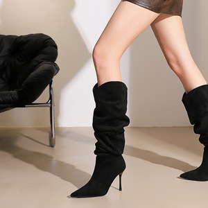 Black Faux Suede Pleated Pointed Toe Apricot Knight <b>Boots</b> Fashionable Slimming 9CM Stiletto Heels - Product Image 2