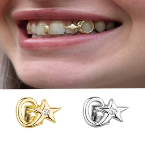 Grillz de Diente Único en Forma de Estrella, Chapado en Oro de 18K, con Incrustación de Diamantes en Engaste de Puntas, Unisex, para Uso Diario - Product Image 4